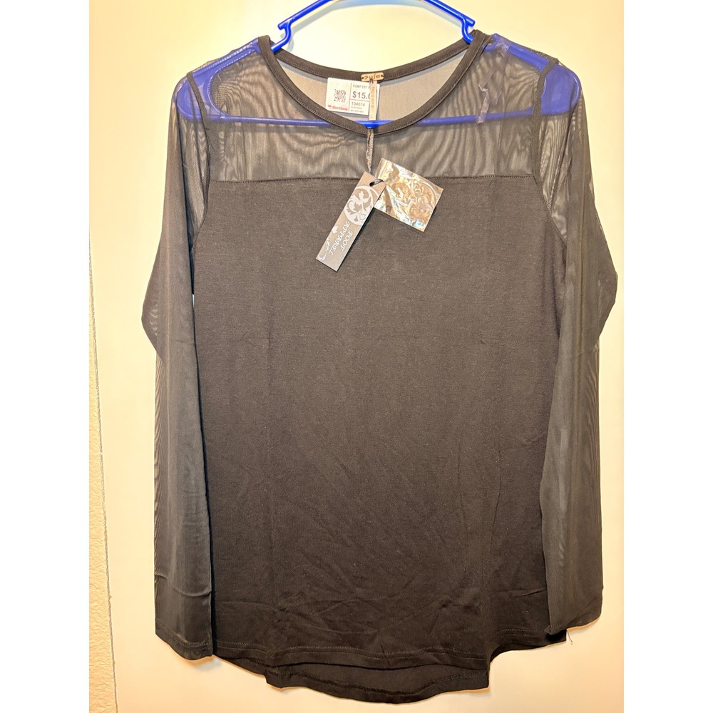 Poof Apparel Womens Black Sheer Mesh Long Sleeve Top Crew Neck Size L 121875